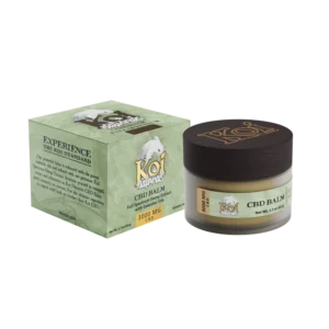 Koi Fullspectrum CBD Balm It has a green box with a fish on it