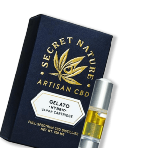 Secret Nature Gelato Hybrid CBD vapor cartridge packaging with full-spectrum CBD distillate cartridge.