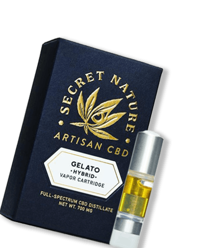 Secret Nature Gelato Hybrid CBD vapor cartridge packaging with full-spectrum CBD distillate cartridge.