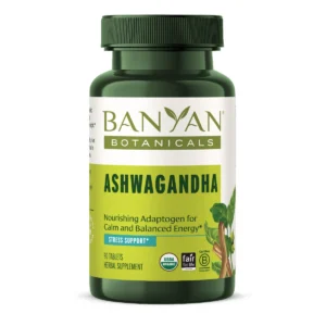 Bottle of Banyan Botanicals Ashwagandha supplement with 90 tablets for stress support and balanced energy.