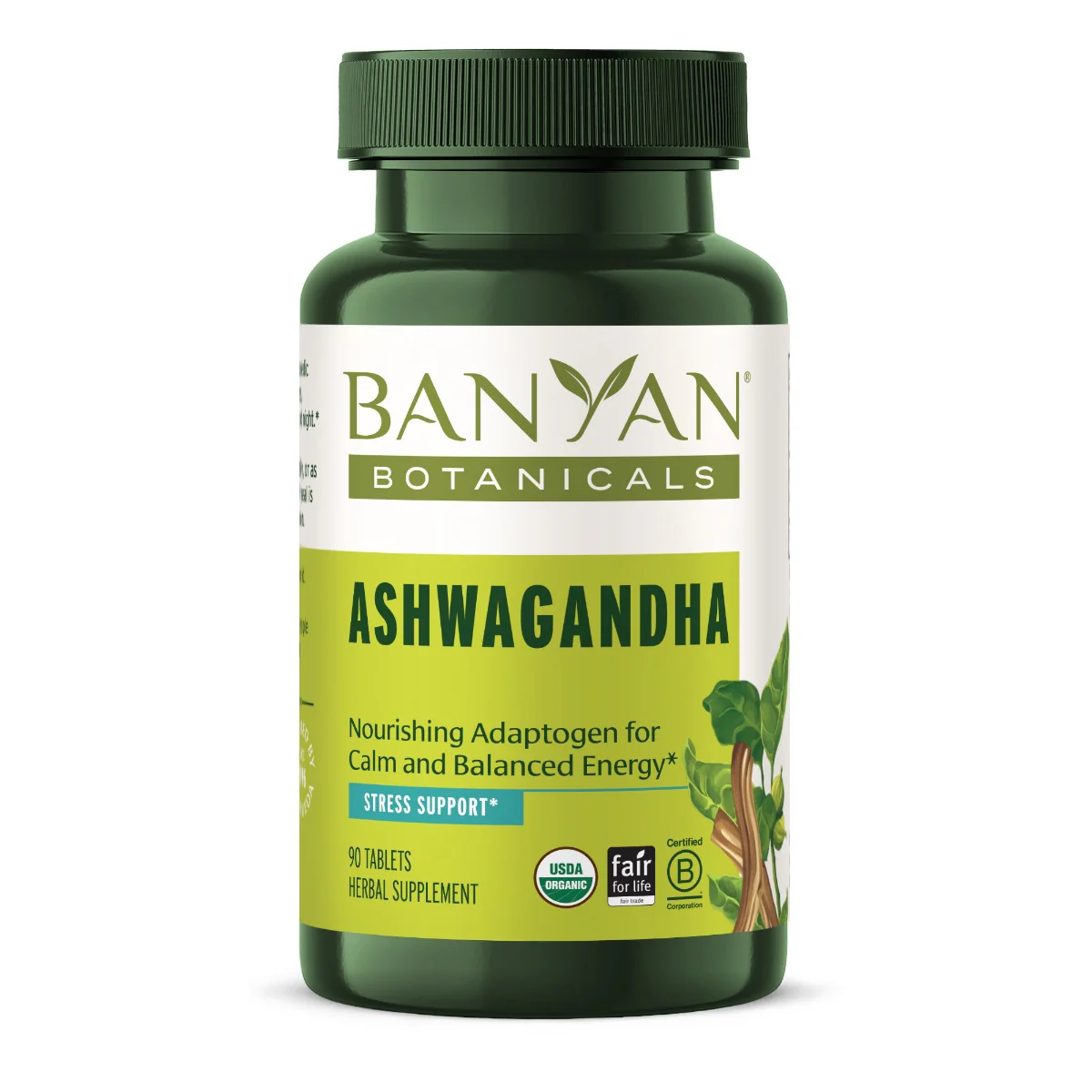 Bottle of Banyan Botanicals Ashwagandha supplement with 90 tablets for stress support and balanced energy.