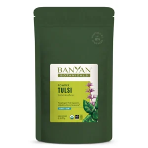 Organic Banyan Botanicals Tulsi (Holy Basil) powder in a resealable bag, used for herbal tea and daily wellness support.